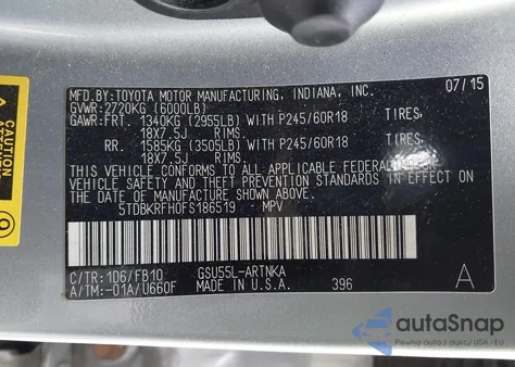 2015 Toyota Highlander Le V6 from USA, damaged, VIN 5TDBKRFH0FS186519